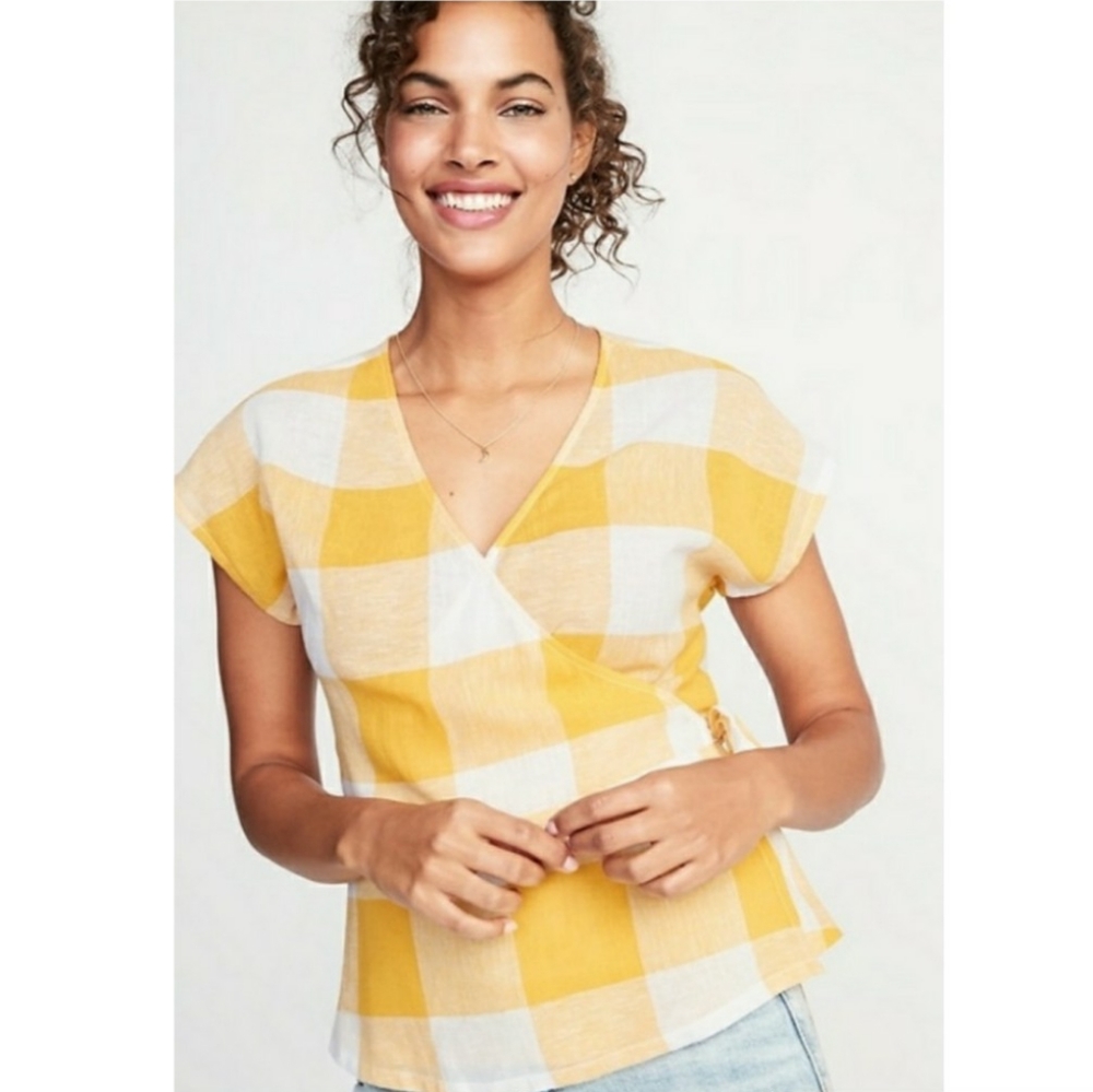 Linen Gingham Check Wrap Peplum Top
